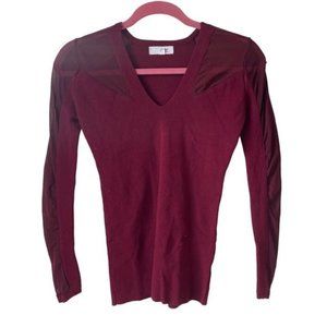 Burgundy?Stretch Knit Top Sweater With V Neck